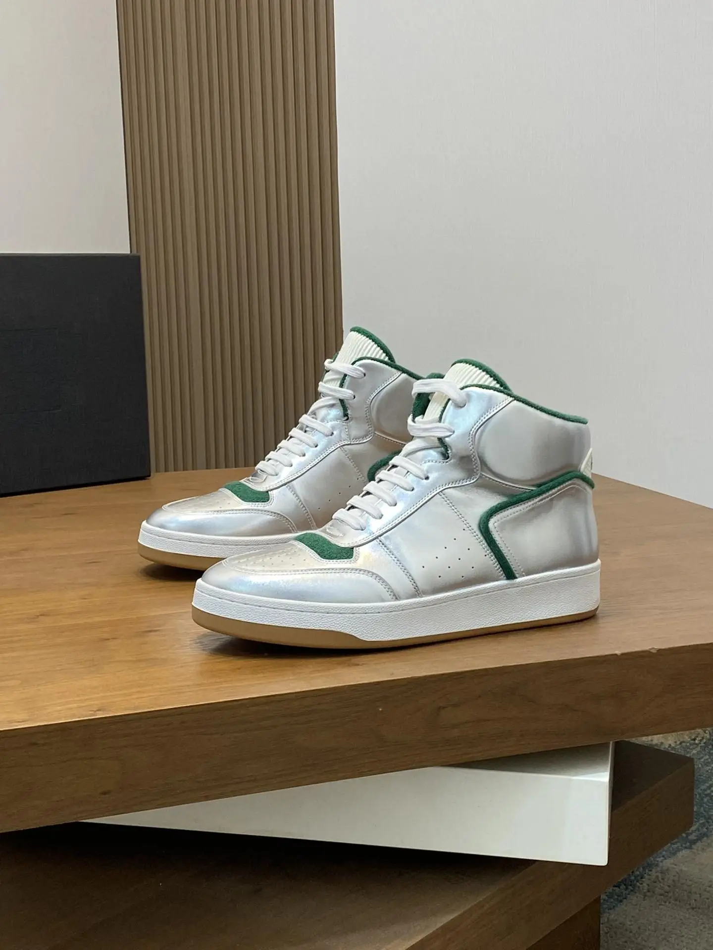 Unisex Fashion Lace Up High Top Board Sneakers Metallic Silver Leather Breathable Perforated Design Thick Flat Sole Footwear