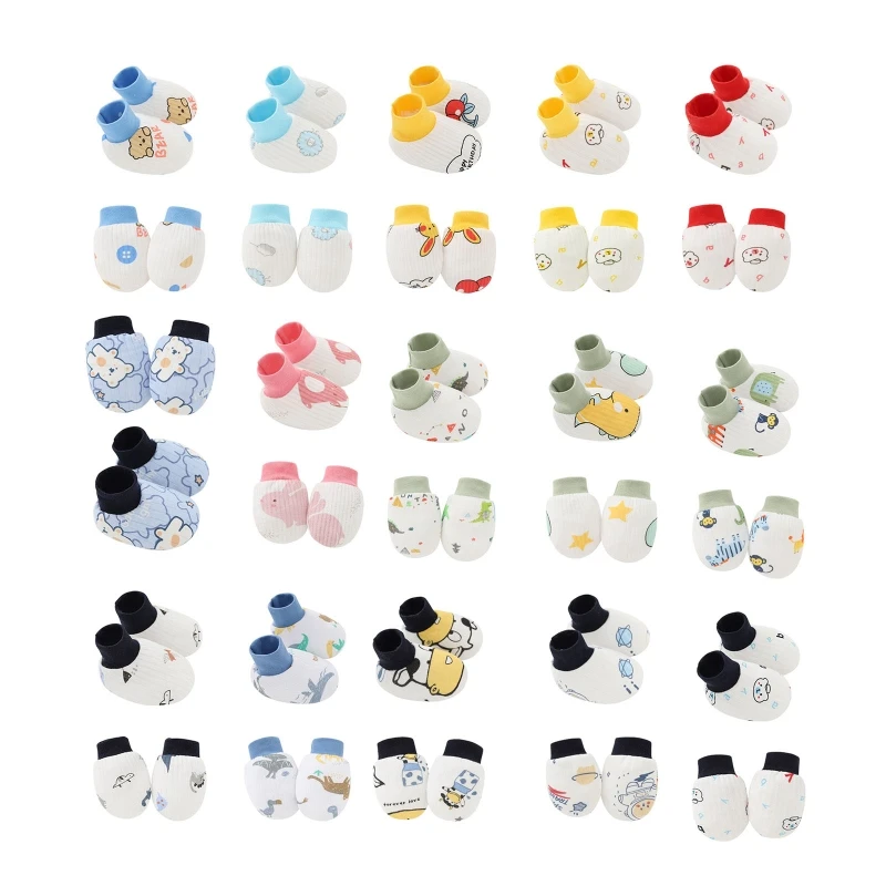 2 Pair Baby Newborn Soft Cotton Face Protection Gloves Foot Cover Set Anti Scratch Mittens Socks Kit for Toddlers Boys