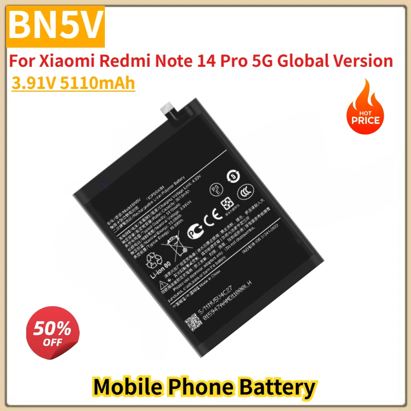 BN5V High Quality Phone Battery 3.91V 5110mAh for Xiaomi Redmi Note 14 Pro 5G Global Version Brand New Replacement Battery