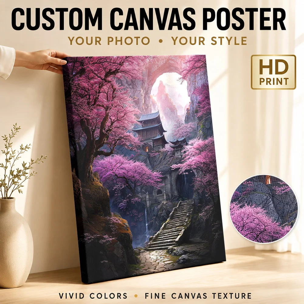 Sakura Mountain Monastery Canvas Painting Poster Custom Japanese Inspired Wall Art for Living Room Bedroom Decor Ready to Hang