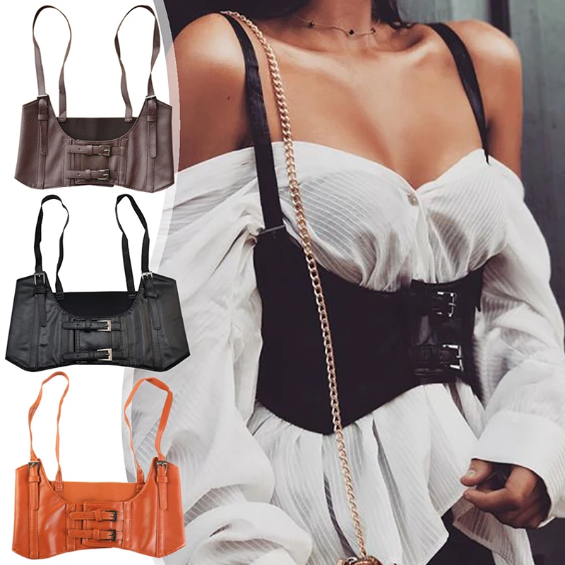 

PU Leather Wide Band Waist Belt Fashion Women's Chest Support Vest Metal Buckle Lace Up Female Tight Fitting Camisole Corsets