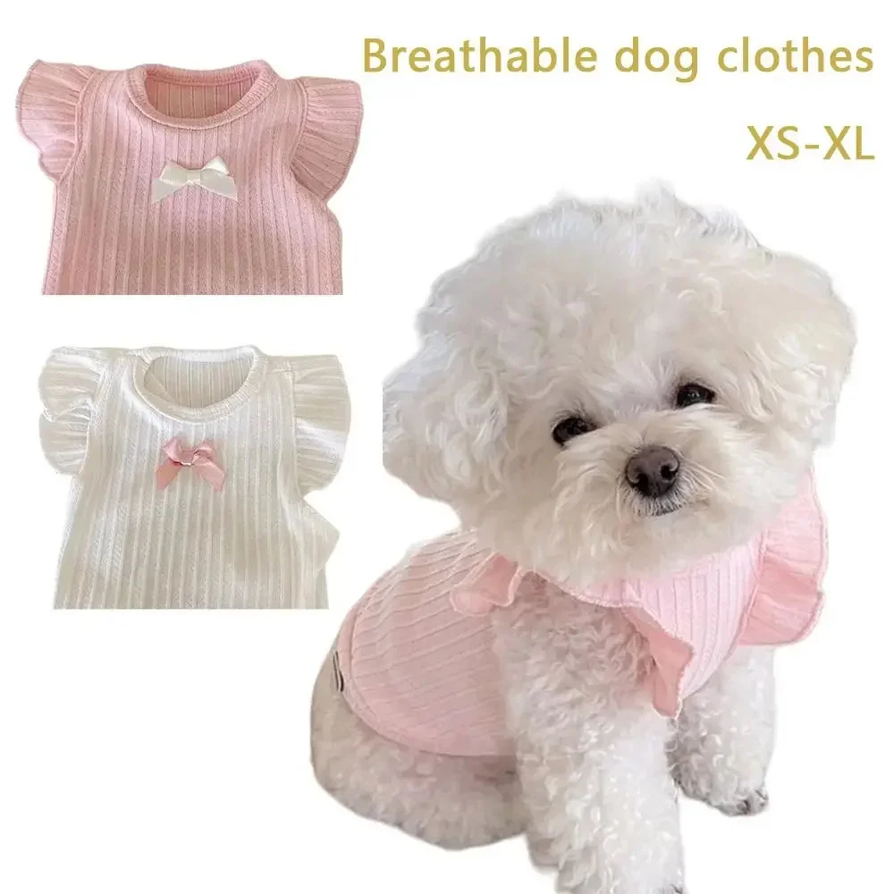 

Puppy Pullover Summer Pet Clothes Breathable Two-Legged Clothes Solid Color Cat Pet Products Cute Bow Dog Vest Dog Clothes