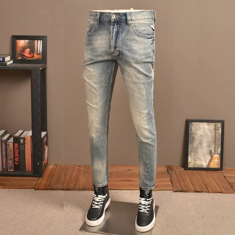 Italian Style Fashion Men Jeans Retro Stretch Slim Fit Ripped Jeans Men Elastic Trousers Vintage Designer Denim Pants Hombre