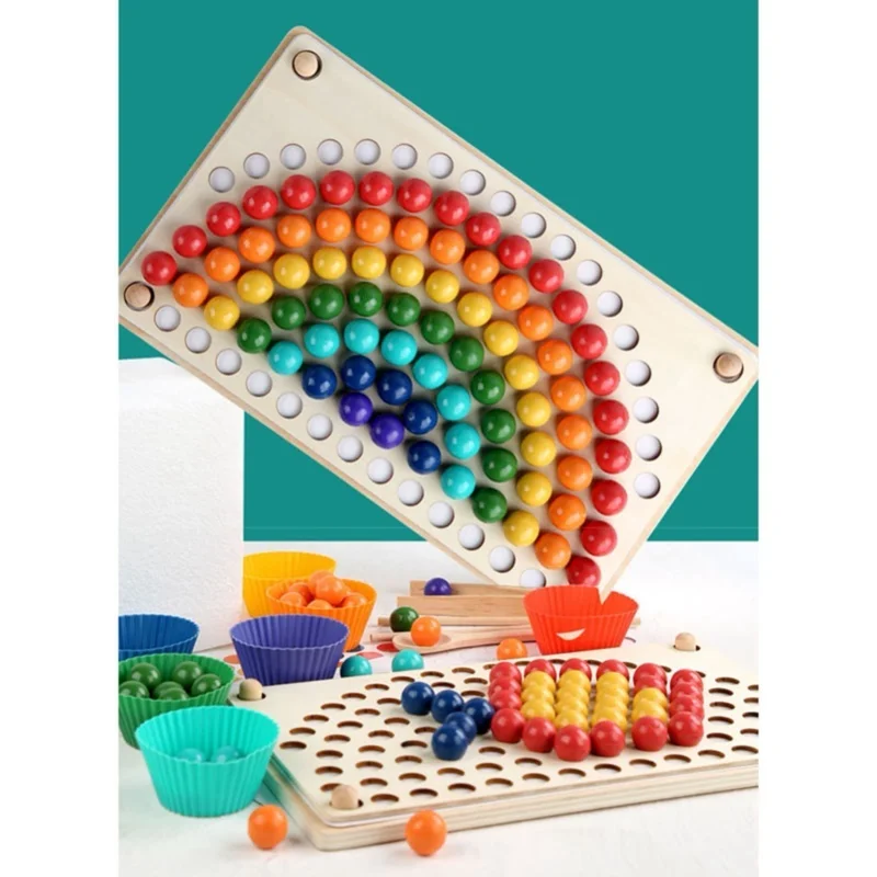 나무 페그보드 구슬 게임 교육용 무지개 클립 구슬 퍼즐 분류 장난감 유아 및 미취학 아동용
