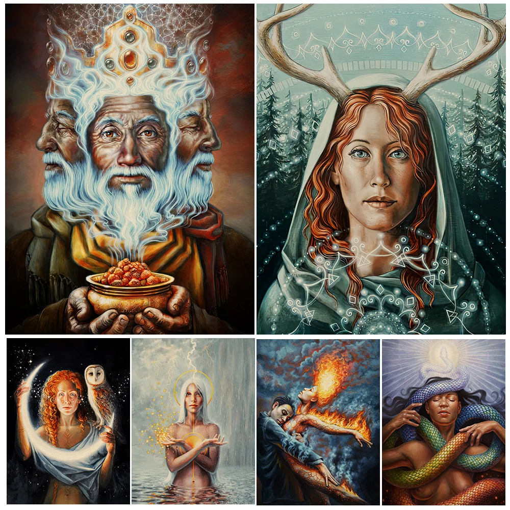 

The Staghorn Woman,The Wolf And The Three Witches,Embrace The Flame Girl Wall Art Science Fiction Magic Surreal Art Poster Print