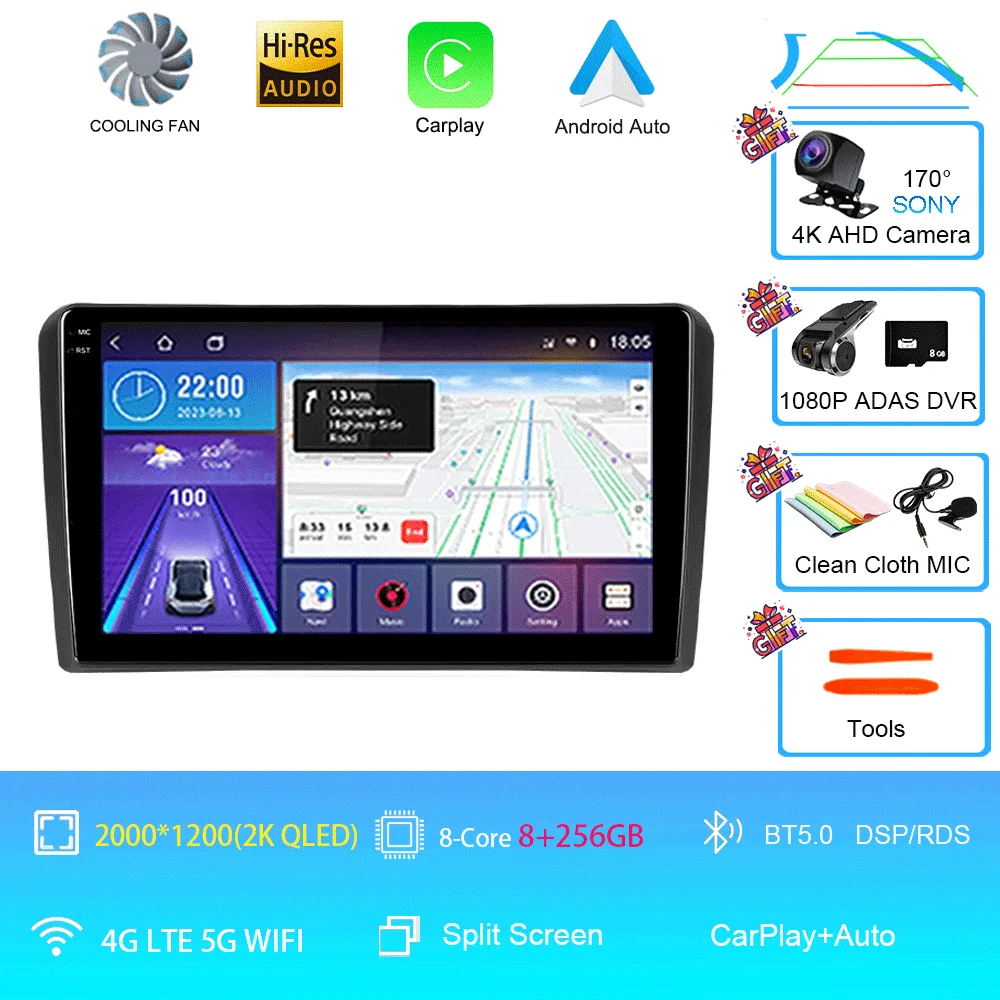 Android 16 Carplay Auto voor Audi A3 8P 2003-2013 autoradio 2din multimediaspeler GPS navigatie audio stereo DSP 360 camera 4G