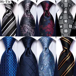Hi-Tie Black Plaid 63inch Silk Mens Tie Set 160cm Extra Long Ties for Men Handkerchief Woven Classic Mens Necktie Pocket Square