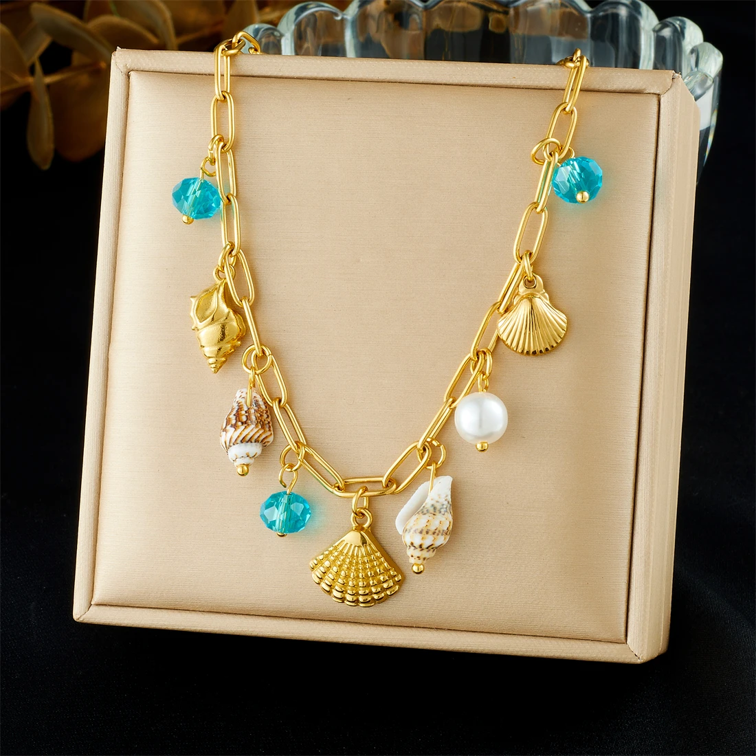 DIEYURO 316L الفولاذ المقاوم للصدأ الأزرق كريستال شل محارة اللؤلؤ قلادة قلادة المرأة موضة جديدة المحيط نمط سلسلة عنق مجوهرات