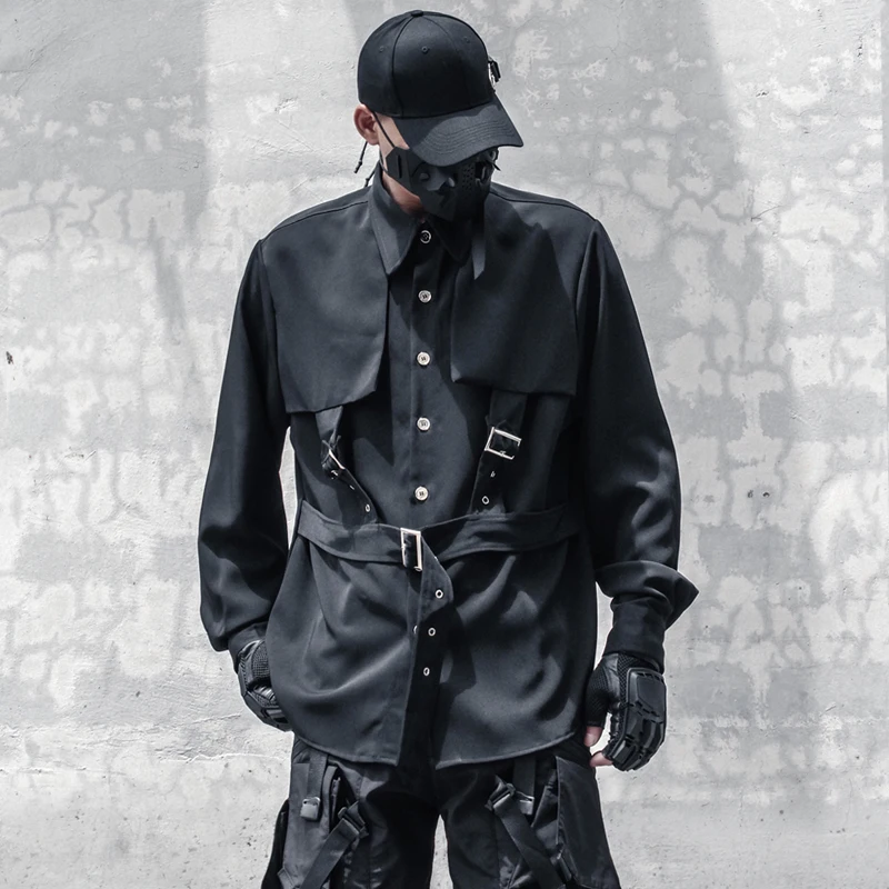 Punk Hip Hop Techwear Style Long Sleeve Cargo Shirt Men Black White Street Casual Bandage Metal Buckle Functional Shirts