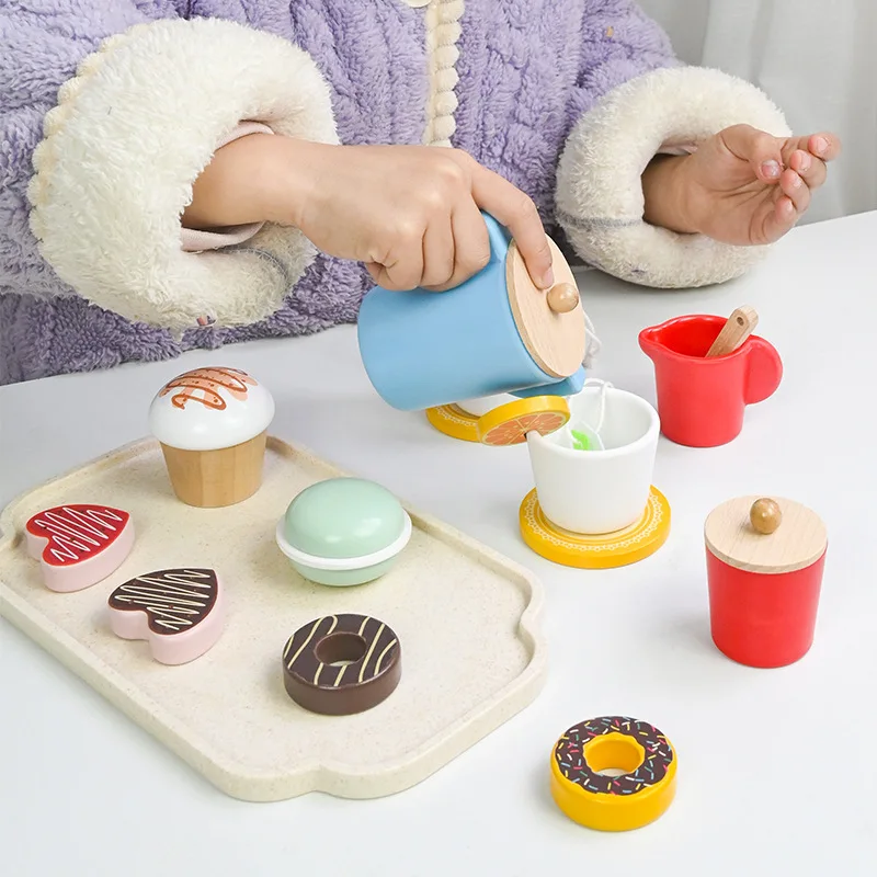 Wooden Afternoon Tea Set Toy Pretend Play Kids Kitchen Food Toys Imitation Game Early Educational Toys for Children\'s Day Gift