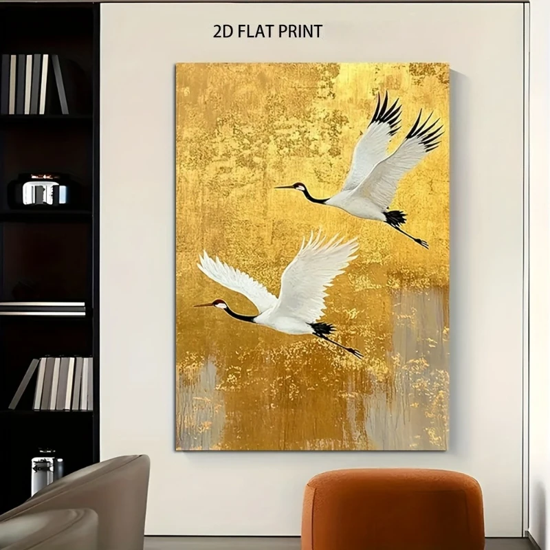 Two Red Crowned Cranes on Golden Background Poster Prints Animal Art Canvas Painting Wall Art Picture for Living Room Home De