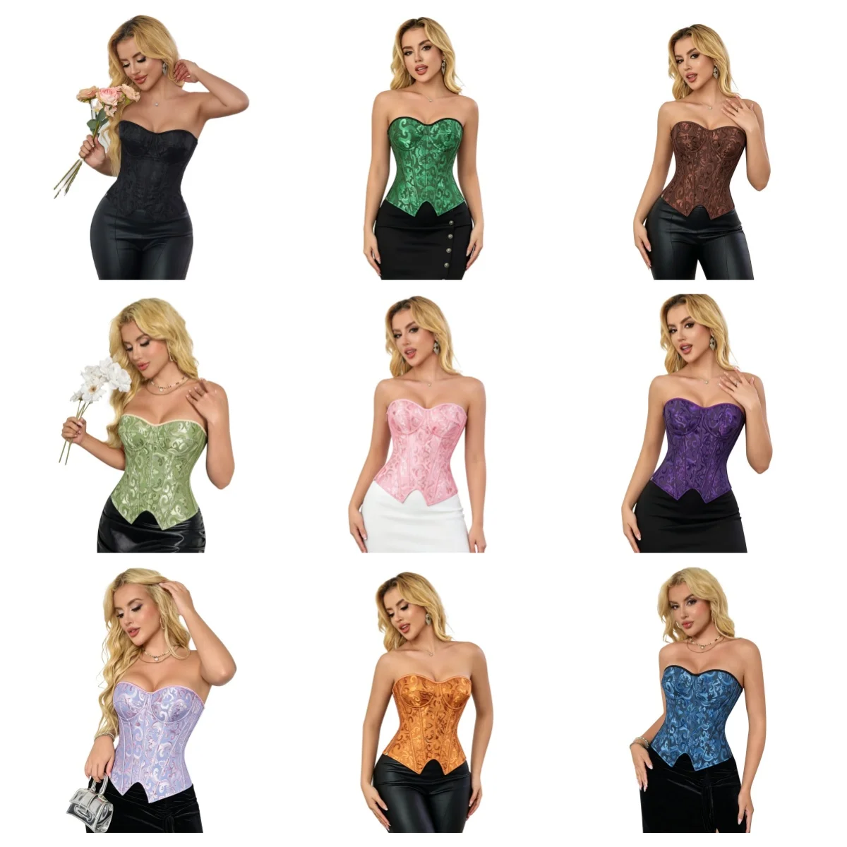 12 Colors Women Jacquard Strapless Corset Top Sweetheart Bustier Lace Up Back Waist Trainer Vintage Gothic Overbust Corset