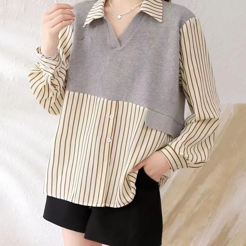 Spring and Autumn Polo Collar Fake Two Piece Splicing Knitted Shirt for Women's Casual Loose Long Sleeve Top