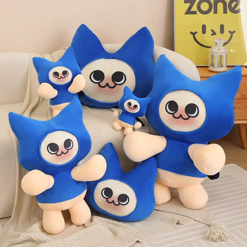 20-100cm Cute Blue Hat Dumb Cat Hunter Plush Toy Cushion Popular Online Game Figure Soft Throw Pillow Decorative Cushion