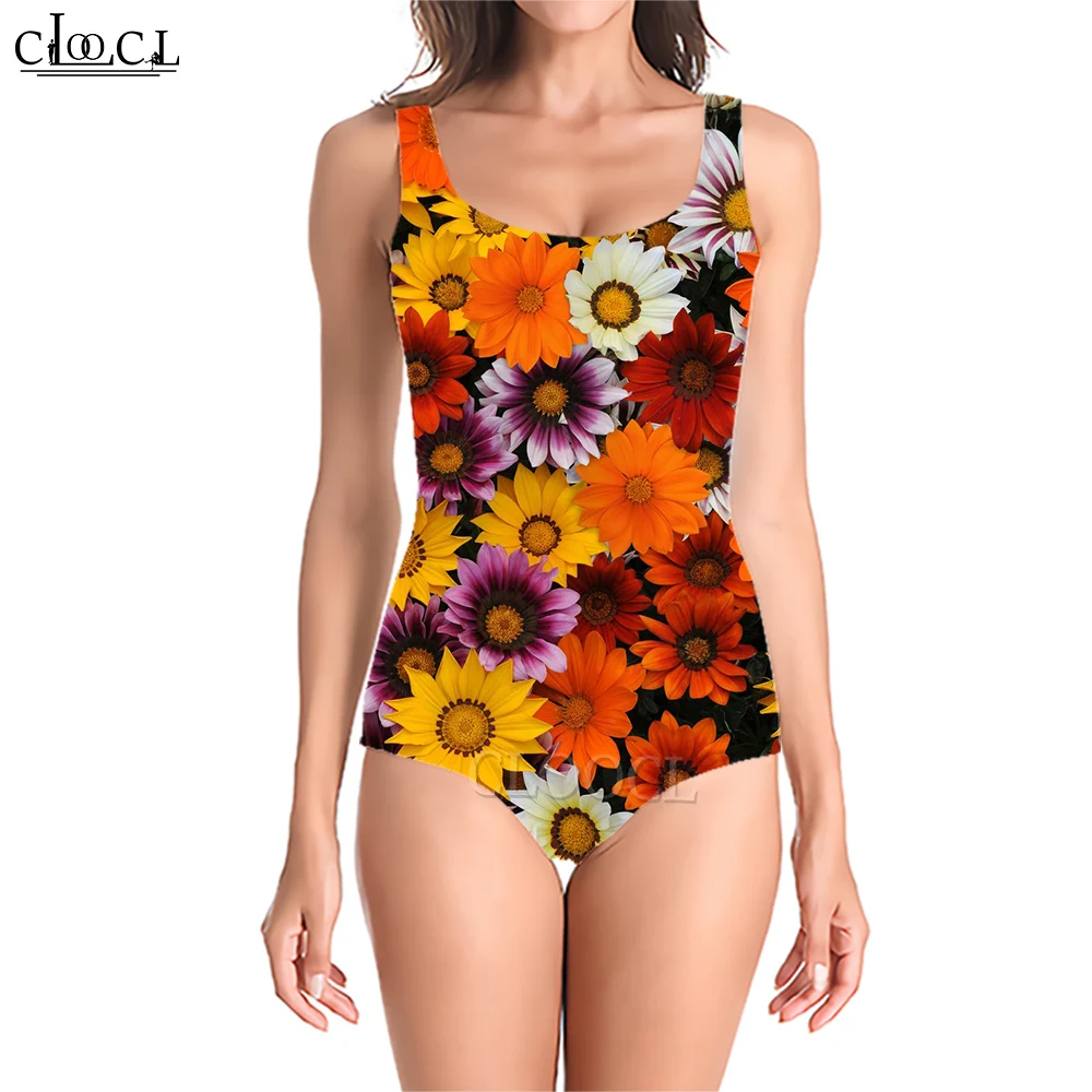 CLOOCL Floral Print Swimsuit for Women Swimming Sportswear Sleeveless Backless Polyester Bathing Suit Push Up Monokini