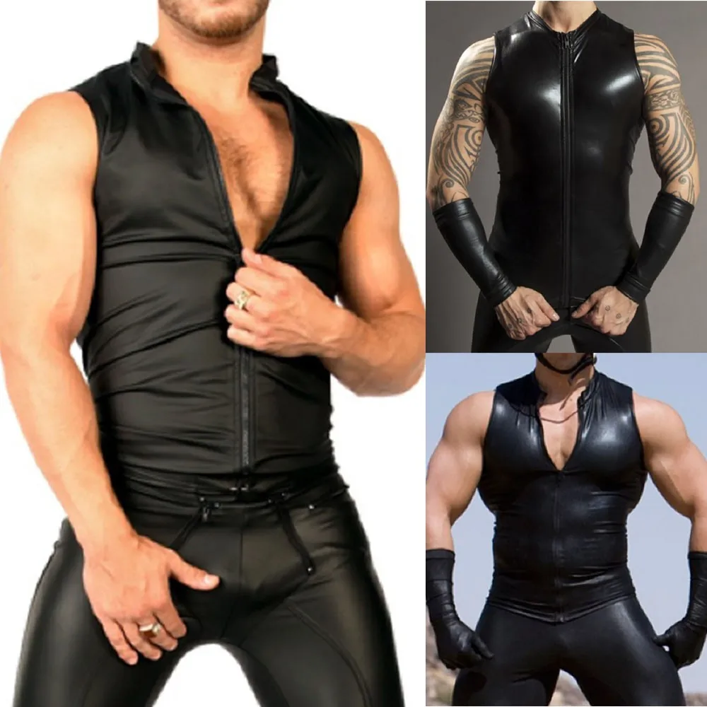 New Men's Sleeveless T-Shirts Sexy PU Leather Shiny Zip Tops Party Club Stage Costume Clothing For Man T Shirts