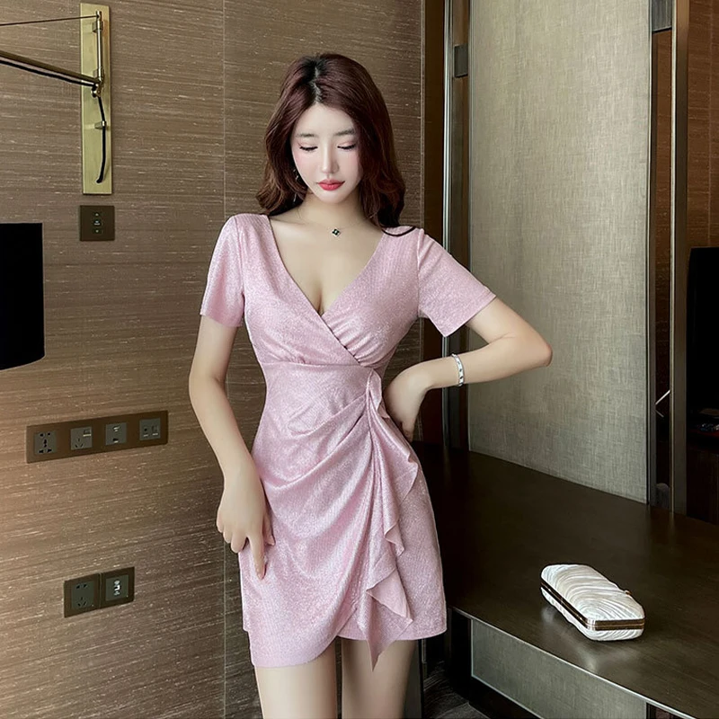 Summer Elegant Pink Wave Short Sleeve Ladies Mini Dress Stylish Elegant Open Back Tight Sexy Short Skirt Club Uniform