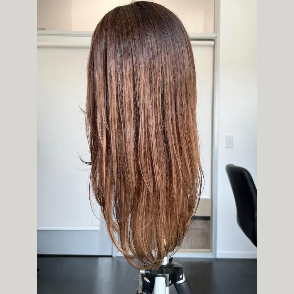 لينة طويلة أومبير براون موجة 24 بوصة 5x5 الحرير قاعدة غلويليس باروكة من شعر طبيعي يهودي مع Babyhair HD الدانتيل الشعر الأوروبي قبل قطعها #5