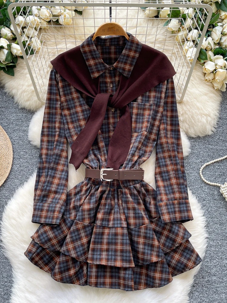 Vestido xadrez vintage coreano feminino, outono, manga longa, babado, bainha, cinto, midi, com xale de malha, estilo retrô chique