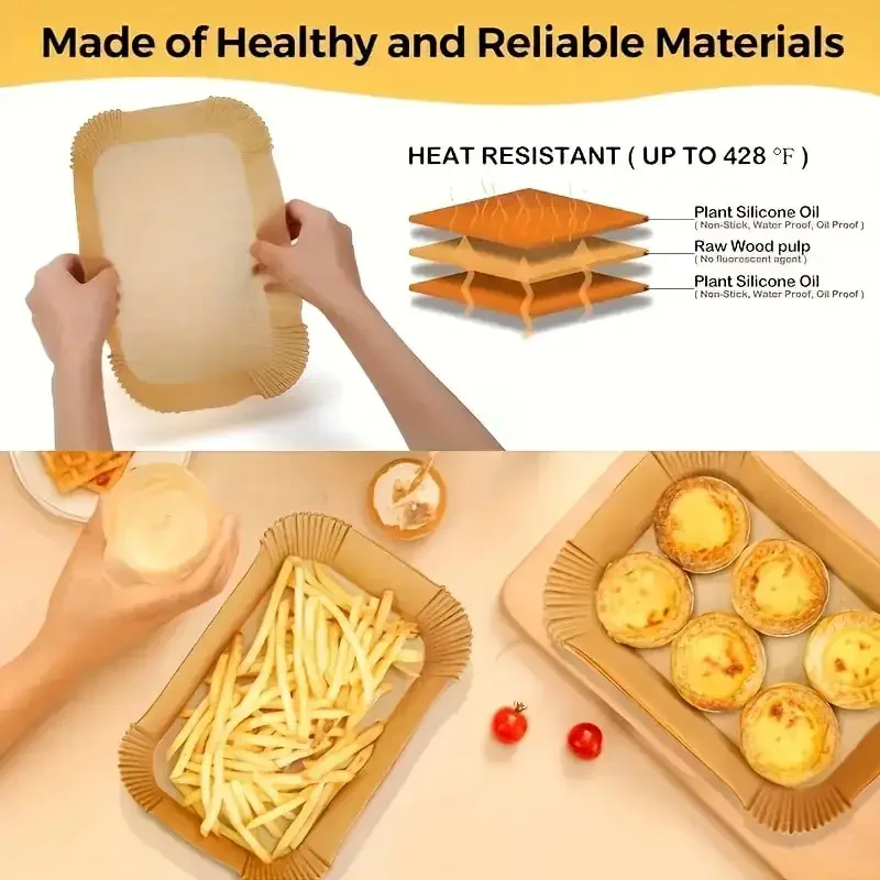 Disposable Air Fryer Liners Non-Stick Parchment Paper Rectangular Brown Heat Resistant for Baking and Frying Kitchen Essential