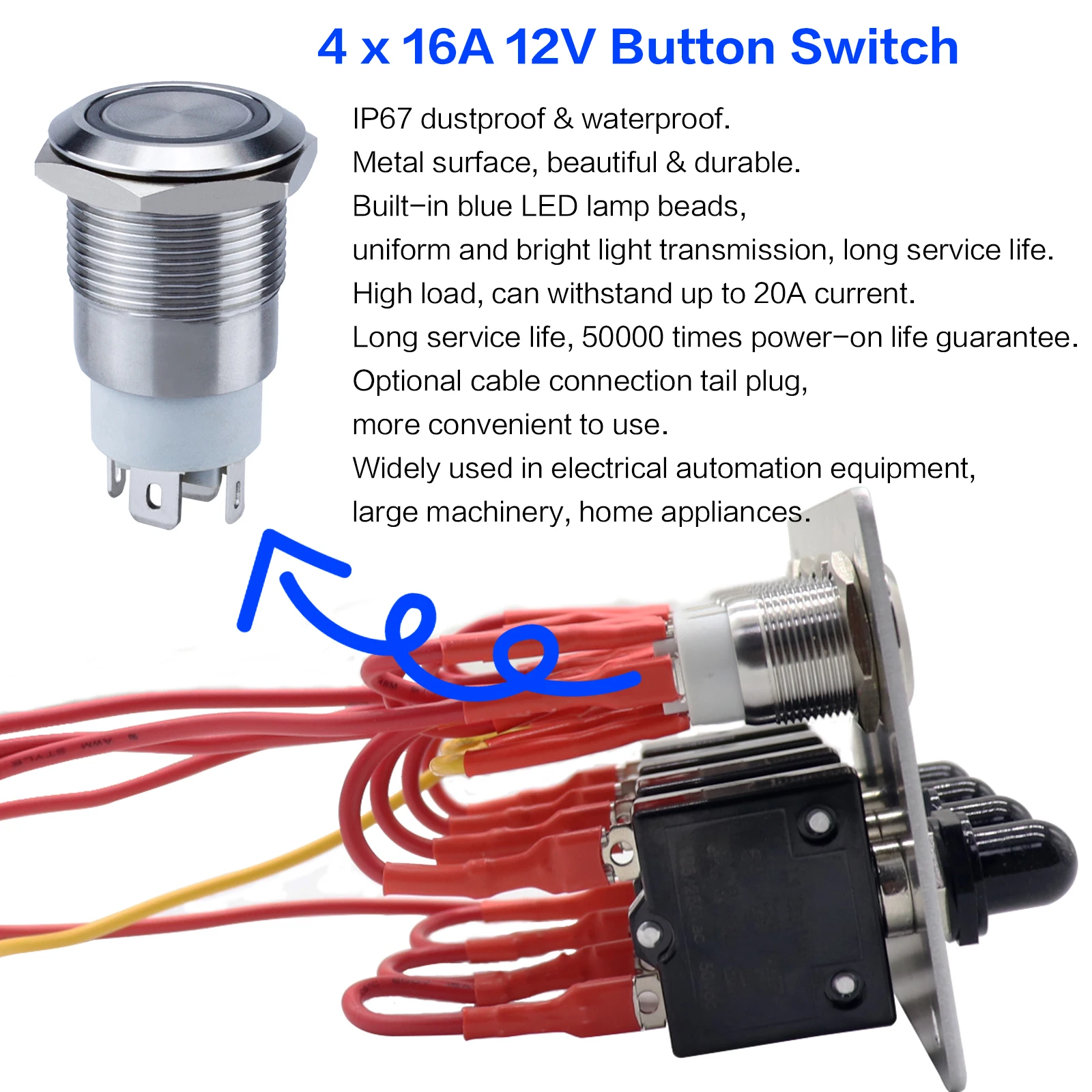 Oxidation-Resistant Aluminium 4 Gang ON-Off Ignition Push Button Switch Panel with Reset Circuit Breakers