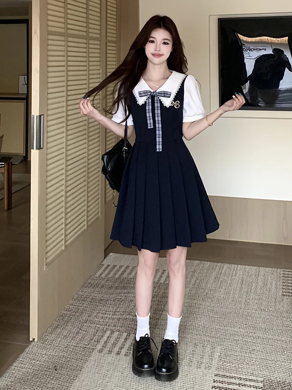 

plus Size Academy Style Fake Two-Piece Dress A-Line Princess Skirt Short Bicolor Pleated Design Slimming Waist Effect Summer ...