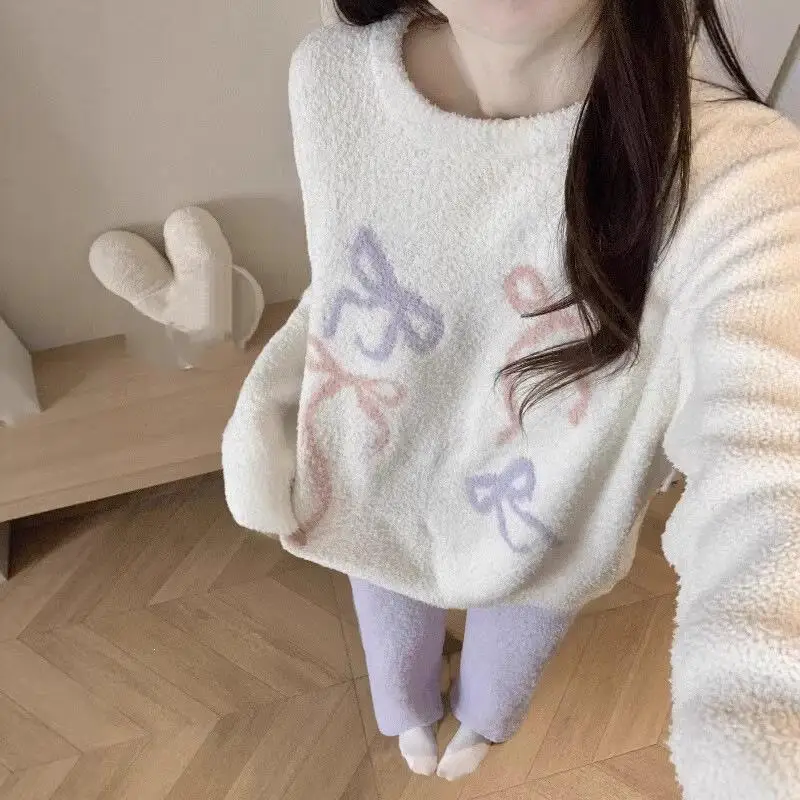 Sweet Lovely Women's Sleepwear Winter Thick Japanese Girls' Bow Tie Set Comfortable Home Clothes for Teenagers Soft Skin