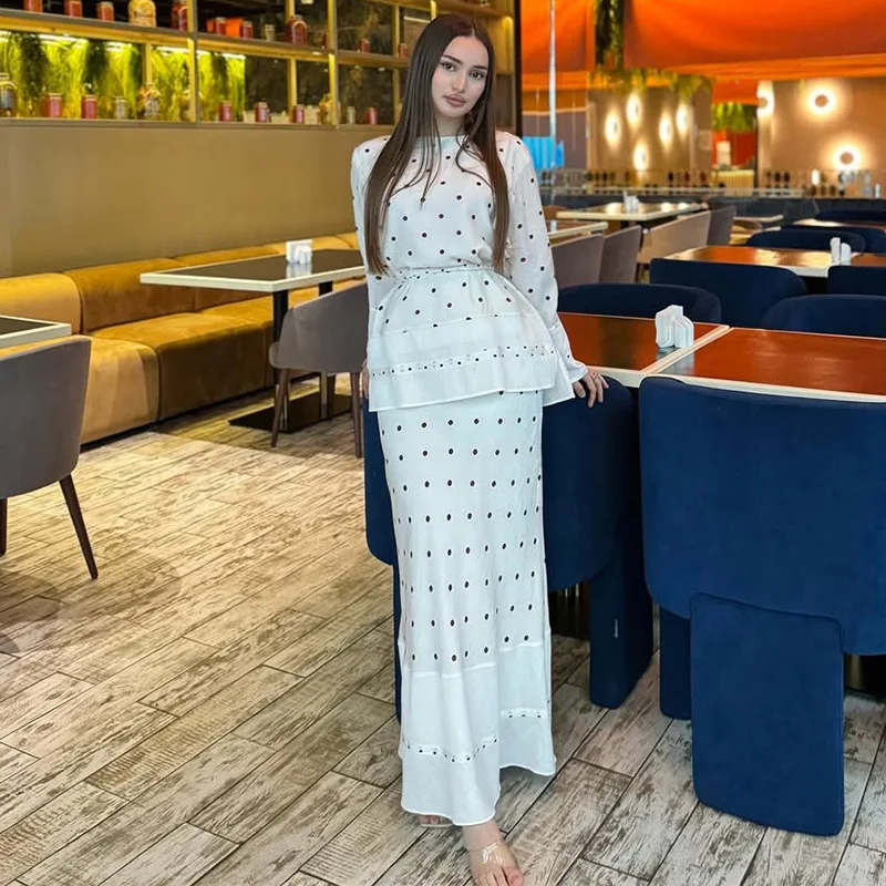 

Fashion Casual Dot Skirt Outfit Spring Women Long Sleeves Lace Up Top+High Waist Loose Straight Bust Skirt Autumn Two Piece Set
