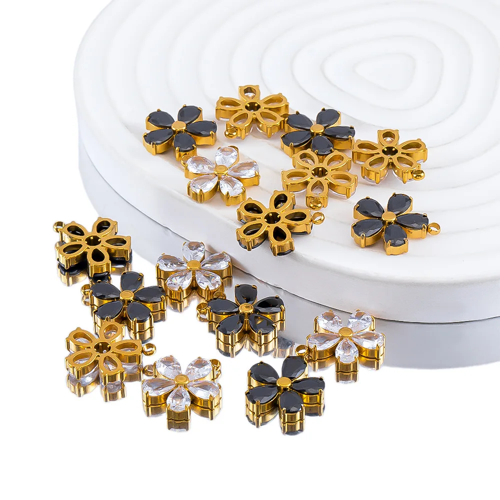 

2PCS Stainless steel zircon flower pendant 18k gold four-leaf clover daisy DIY accessories