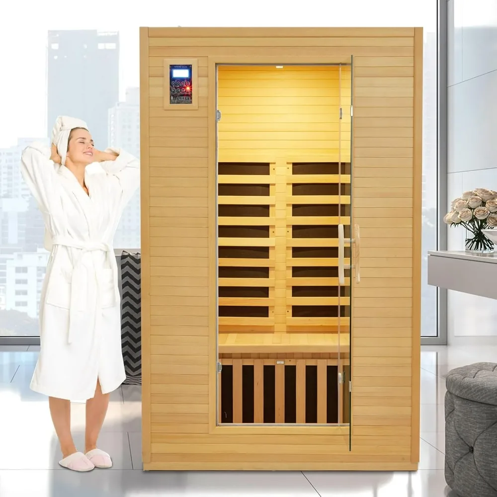 2 Person Infrared Sauna, Low EMF Infrared Sauna for Home, Indoor Sauna Room, Hemlock Wooden Far Infrared Sauna, Dry Sauna