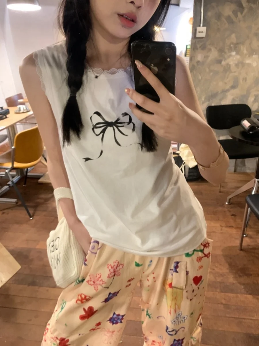 Koronkowa kamizelka z czystej bawełny damska letnia wiosenna luźna z węzłem modna casualowa stringi