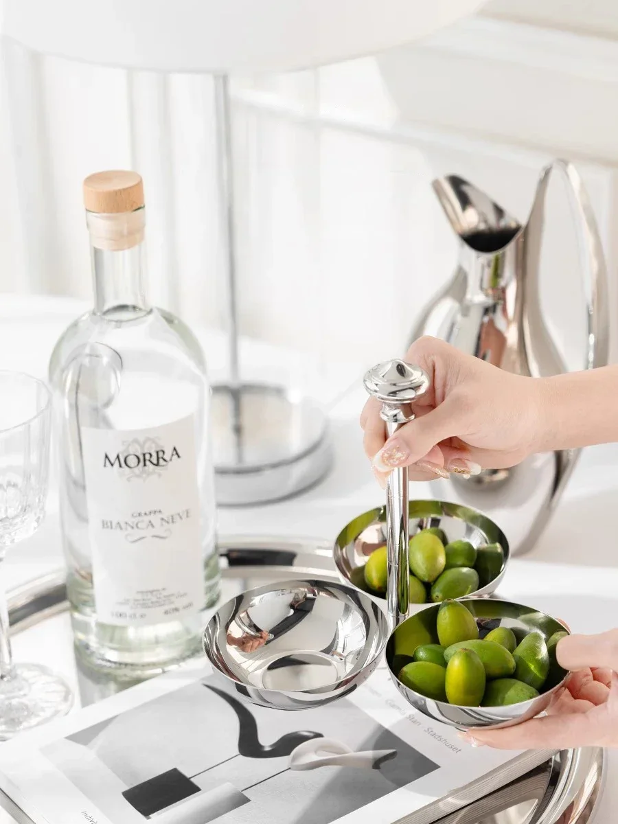 Stainless Steel 3-compart Serving Bowl with Handle, Snack Dishes, Round Dessert Plates for Serving Aperitifs Toppings Condiments