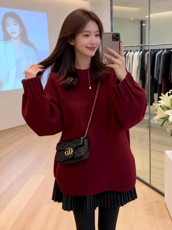 

Свободный вязаный свитер с длинными рукавами и круглым вырезом, красный, весенний, новый, модный, универсальный, средней длины, повседневный топ для женщин