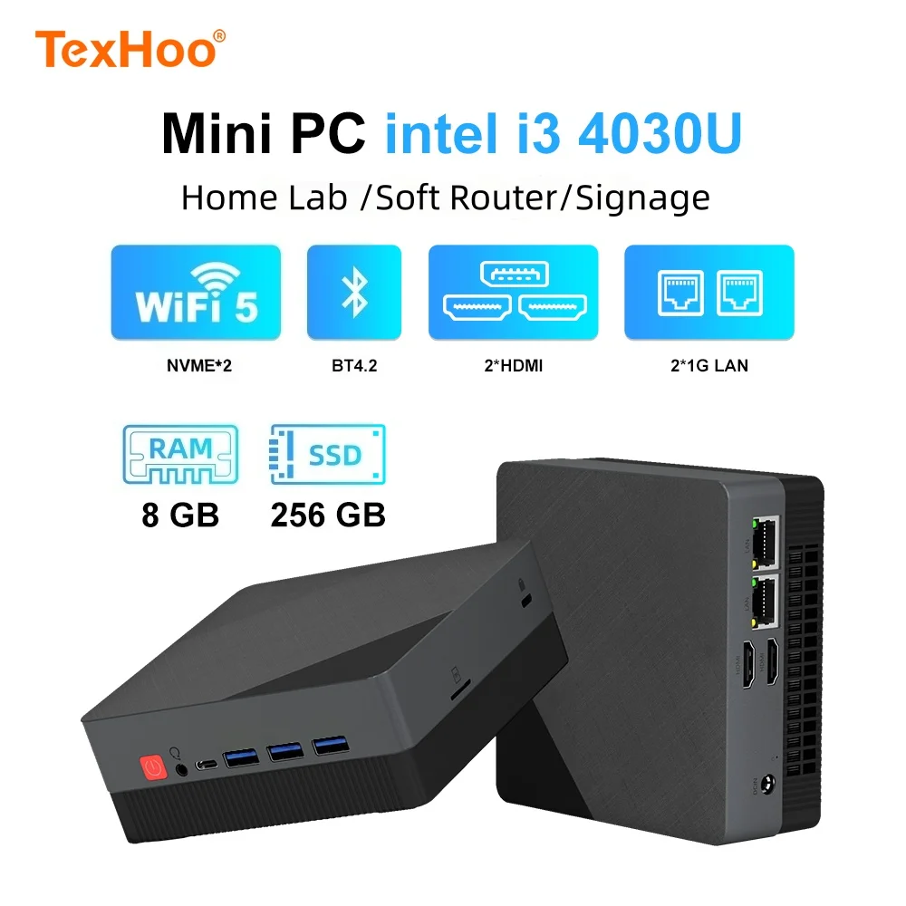 Texhoo MINI PC Intel Core i3 4030U 4th Gen CPU 8G RAM 128G SSD NVMe*2 HDMI*2 Dual LAN 15W Soft Router Signage Office Computer