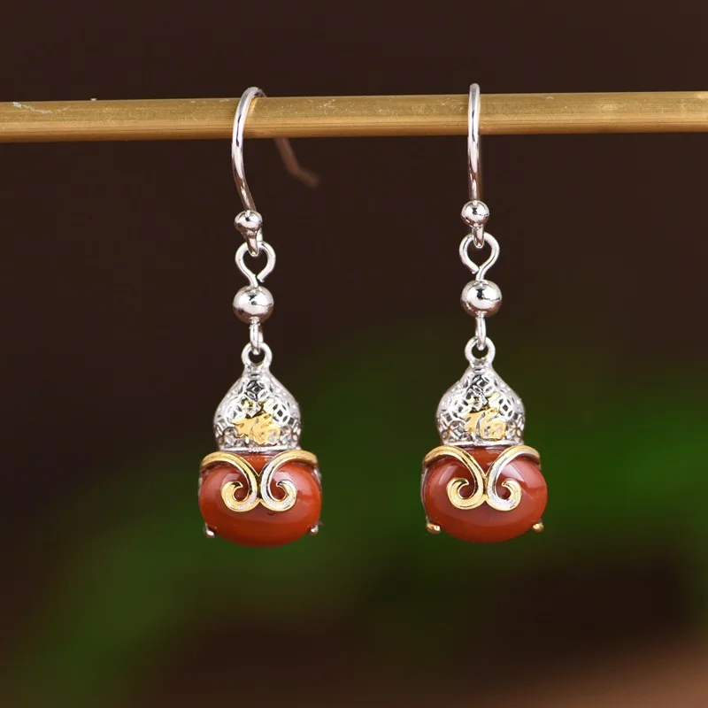 

Серебряные серьги S925 с инкрустацией агатом и позолотой в форме тыквы, элегантные женские серьги с символом удачи