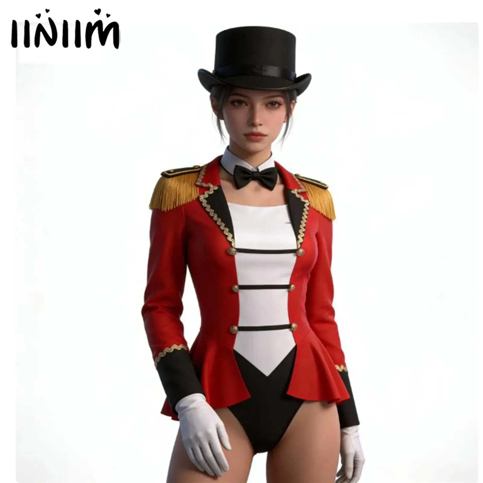 

Womens Circus Ringmaster Majorette Carnival Cosplay Costume Fringe Epaulette Bow Bodysuit Jumpsuit Lion Tamer Showman Dress Up