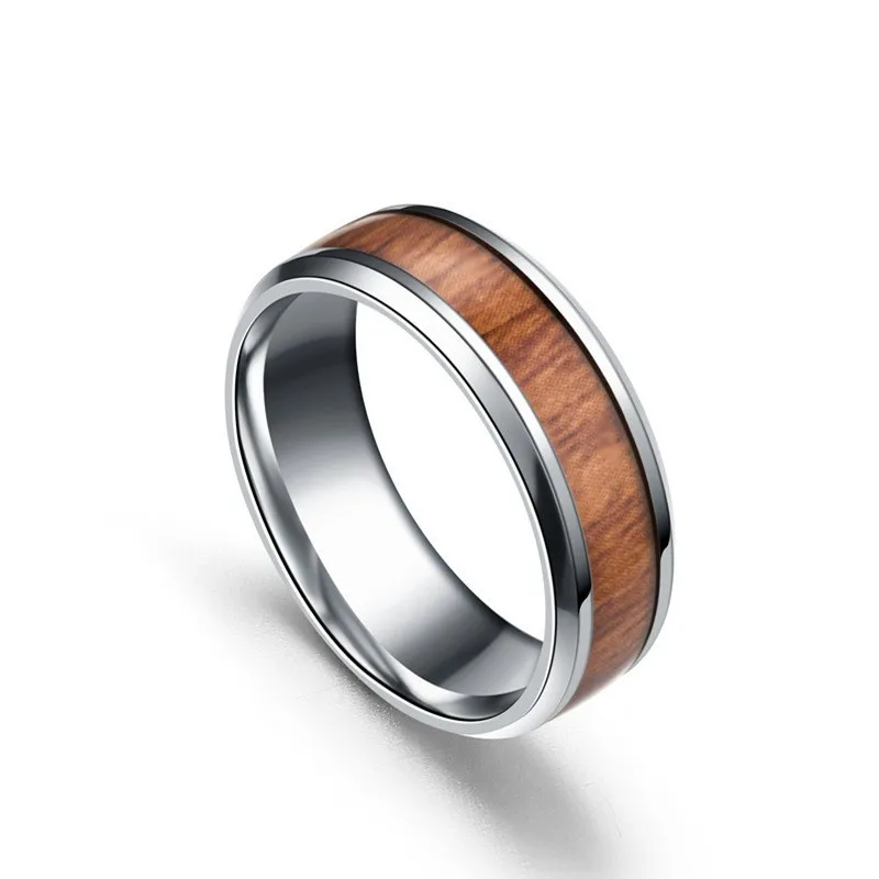 Men Wood Grain Ring Titanium Steel Enamel Vintage Band Silver Black Minimalist Jewelry Gift for Him Party Daily Wear