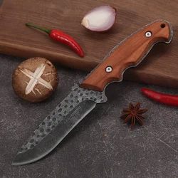 Outdoor Straight Knife, Stainless Steel Blade, Wooden Handle with Knife Cover, Travel Camping Cutting Tool