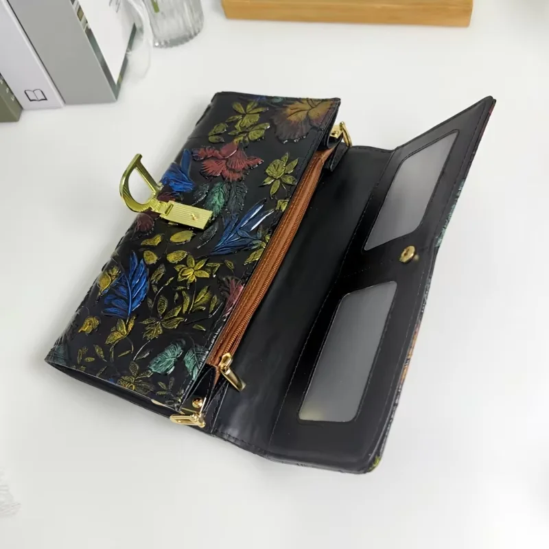 Multi‑Wear Convertible Genuine Leather Clutch Bag, Dragonfly Floral Embossed Single‑Shoulder Crossbody Purse with Removable Chain Strap for Women