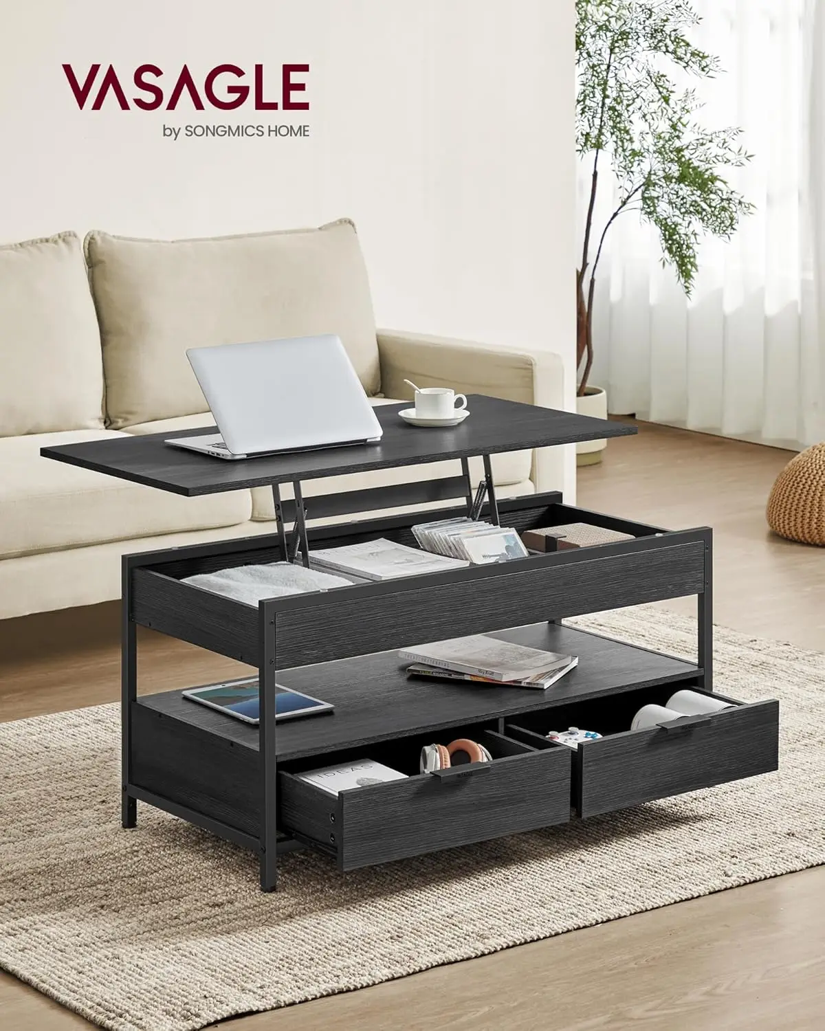 Vasagle Lift Top Coffee Table With Storage Drawers, Coffee Table For Living Room With Lifting Top, Hidden Compartments And Open