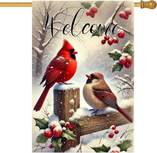 Welcome Winter House Flag 28 X 40 Inch Double Sided Garden Flag with Cardinal Bi UUI GGX