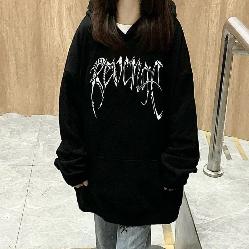 

Long Graphic Pullovers Black Baggy Female Clothes Skeleton Loose Tops Hoodies Sweatshirts for Women Hooded on Promotion Goth Emo