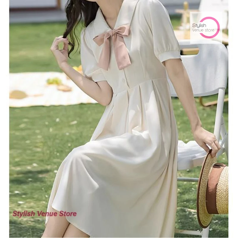 

Summer New French Platycodon Bow Literary Retro Dress Female Student Korean version with slim waist and long pleated skirt