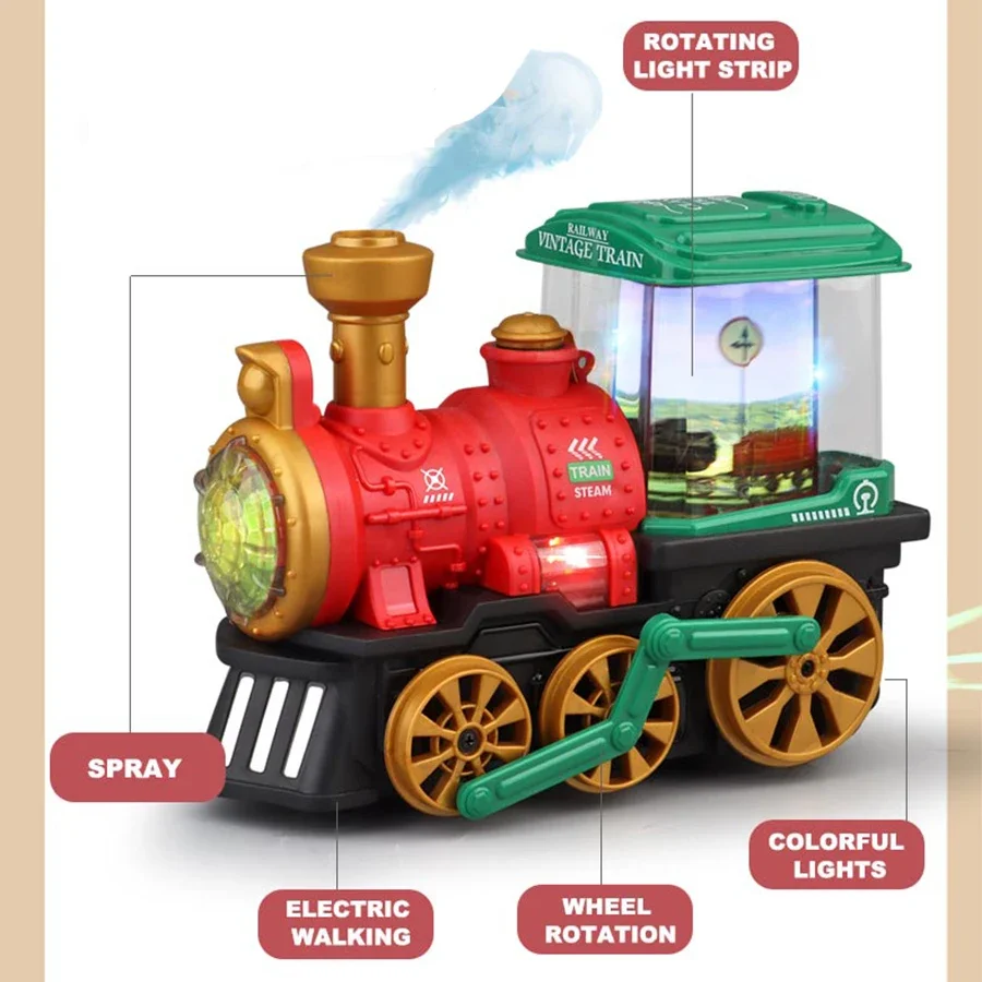 Juguete de tren con motor de vapor eléctrico: efectos de humo, luz y sonido, regalo para niños