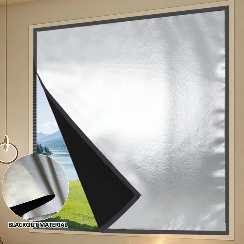 Customizable Washable Blackout Curtain Self-Adhesive Light Blocking Partition Curtain  Gray Trim Drill-Free Easy Installation