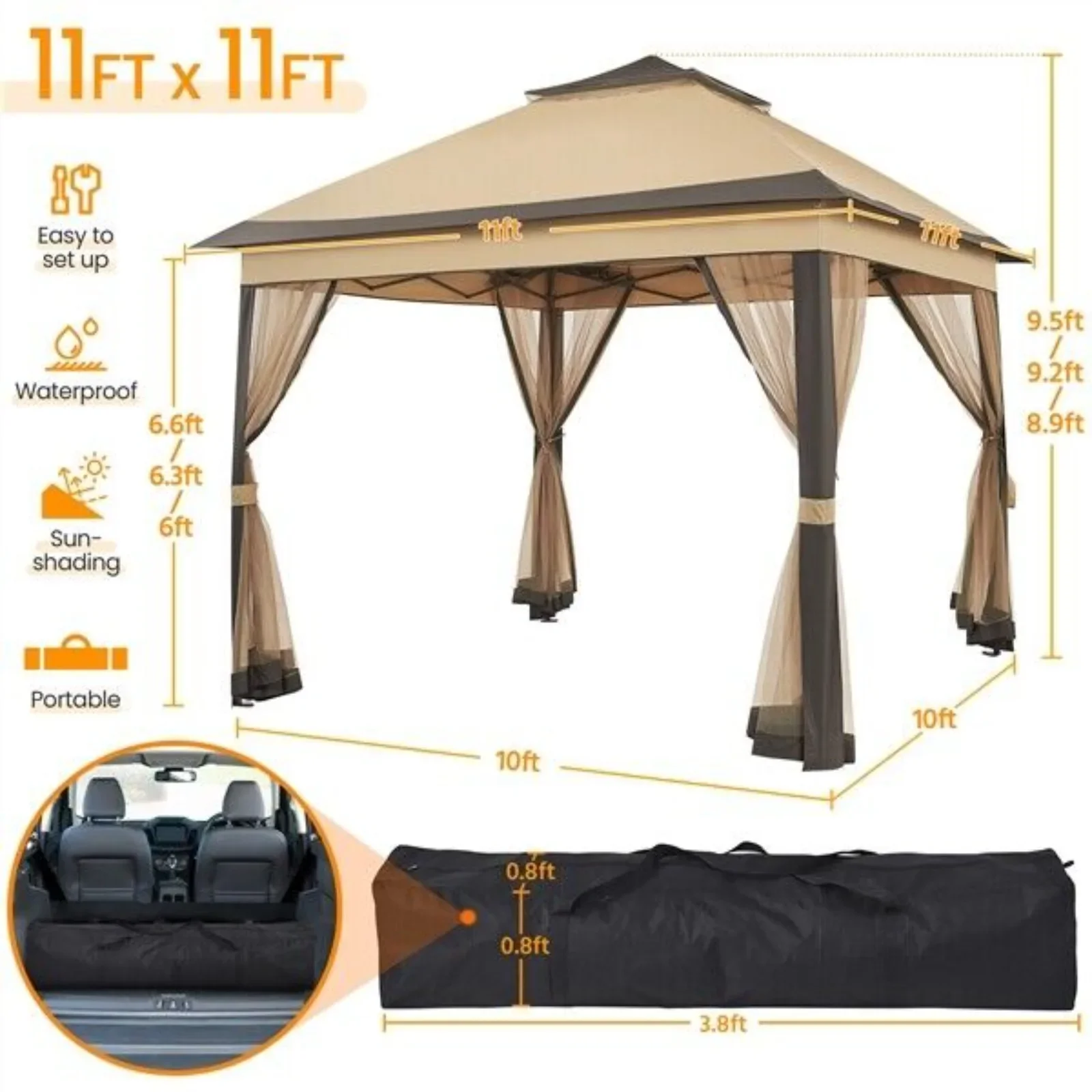 US 11'x11' Pop Up Gazebo Garden Gazebo Double Tiers Pop Up Canopy with Mesh Netting