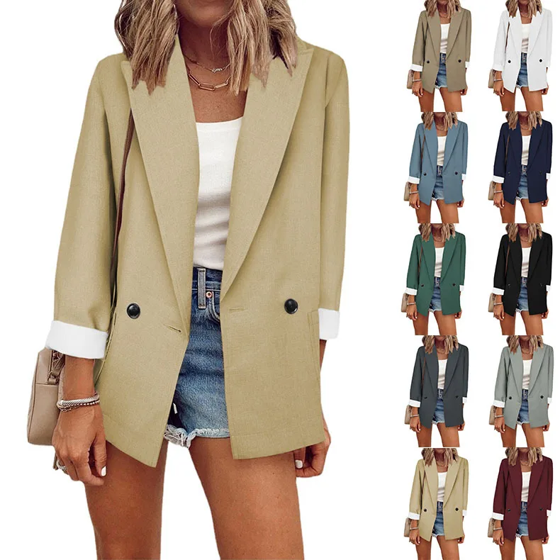 Women's Solid Color Lapel Long Sleeve Blazer Elegant Slim Fit Comfort Casual Fashionable Breathable Commute Daily Wear Outerwear