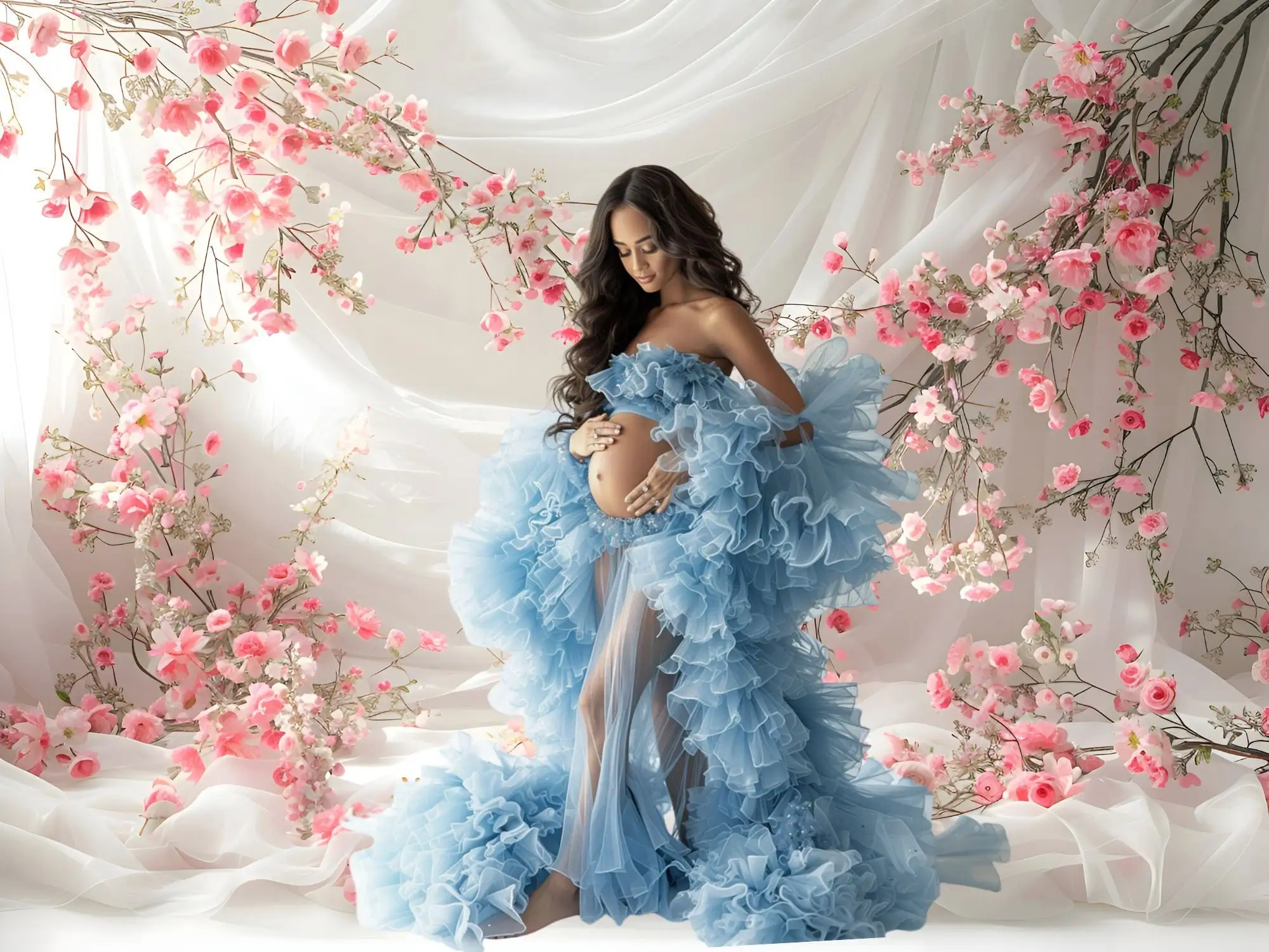 Tło fotografii Mehofond różowy tiul w kwiaty biały pokój urodziny ślub macierzyński portret wystrój zdjęcie tła Studio