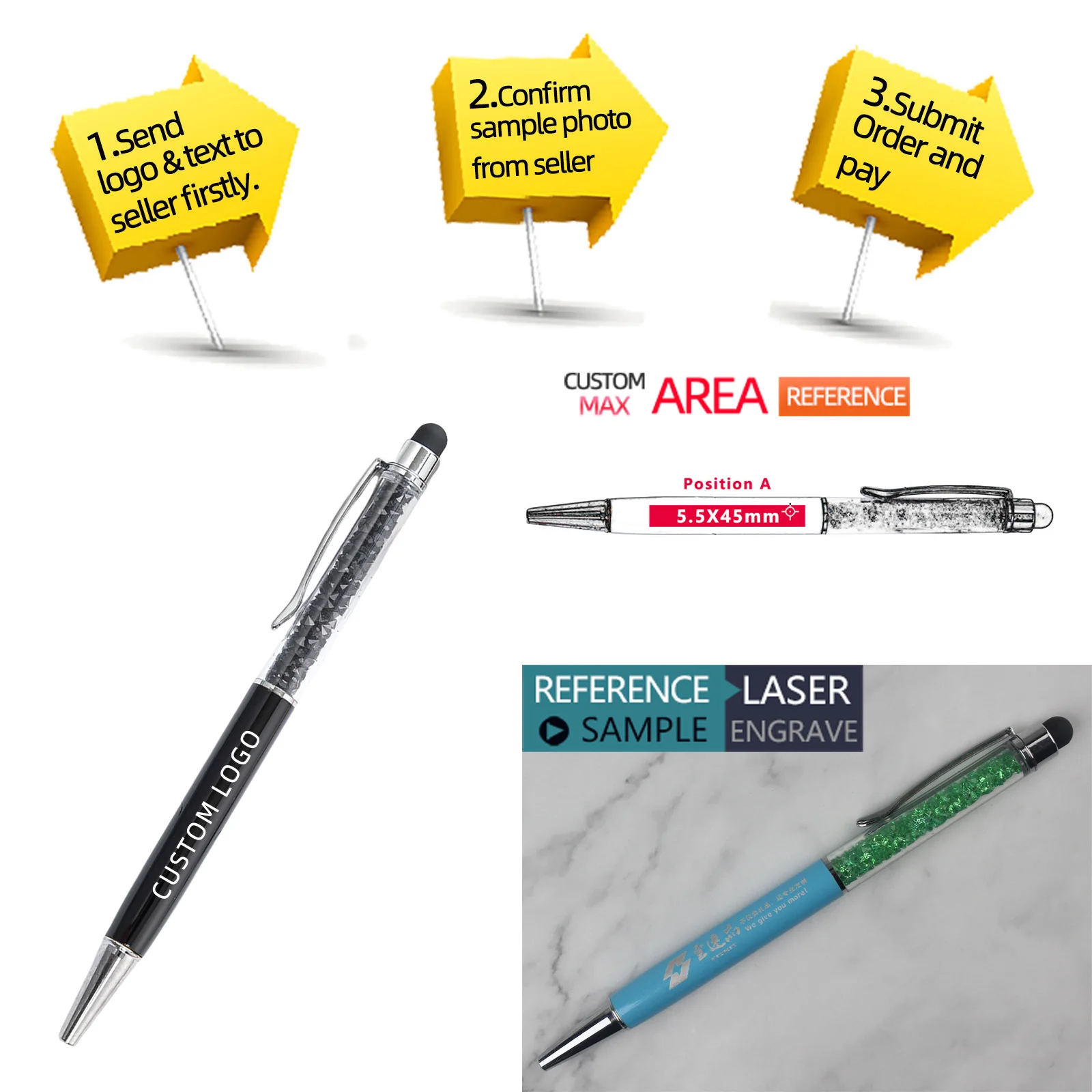 Custom Logo Stylus Ball Pen Color Crystal Touch Screen Ballpoint Pen Promotional Gift Pen Personalized Giveaway Bulk Lot 10 50