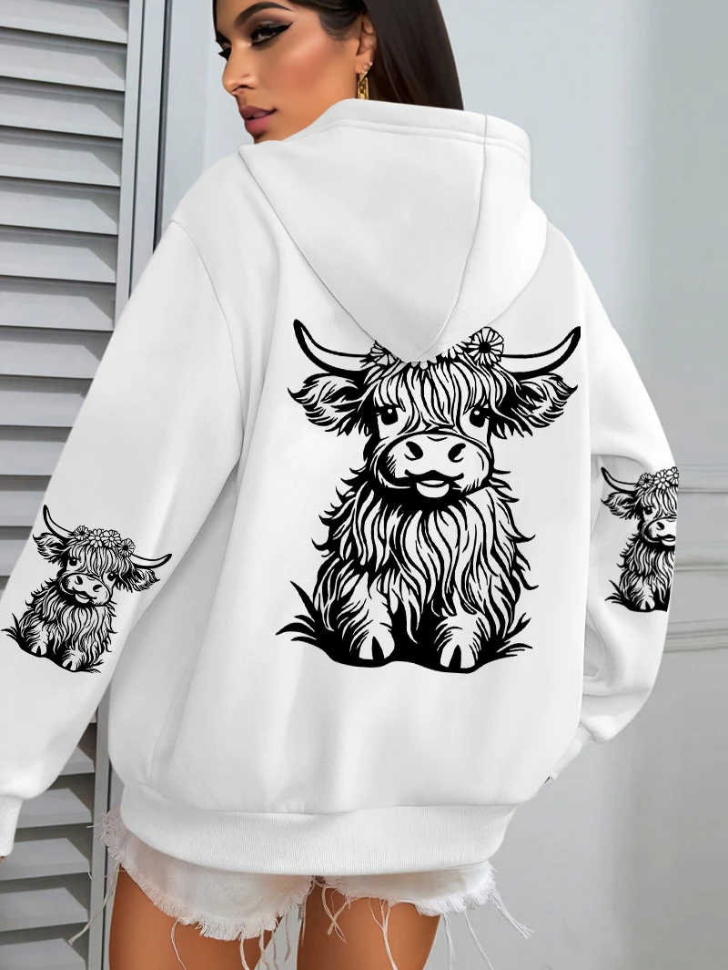 Niedliche Kuh-Haarmotiv-Kapuzenpullover mit Cartoon-Druck für Damen, Fleece-Herbst-Streetwear, bequemer lässiger Hoodie, Y2K-Taschen-Kapuzenpullover, vielseitig kombinierbar – Detail 13